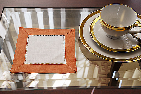 White Hemstitch Cocktail Napkin 6" with Peach Caramel Border - Click Image to Close
